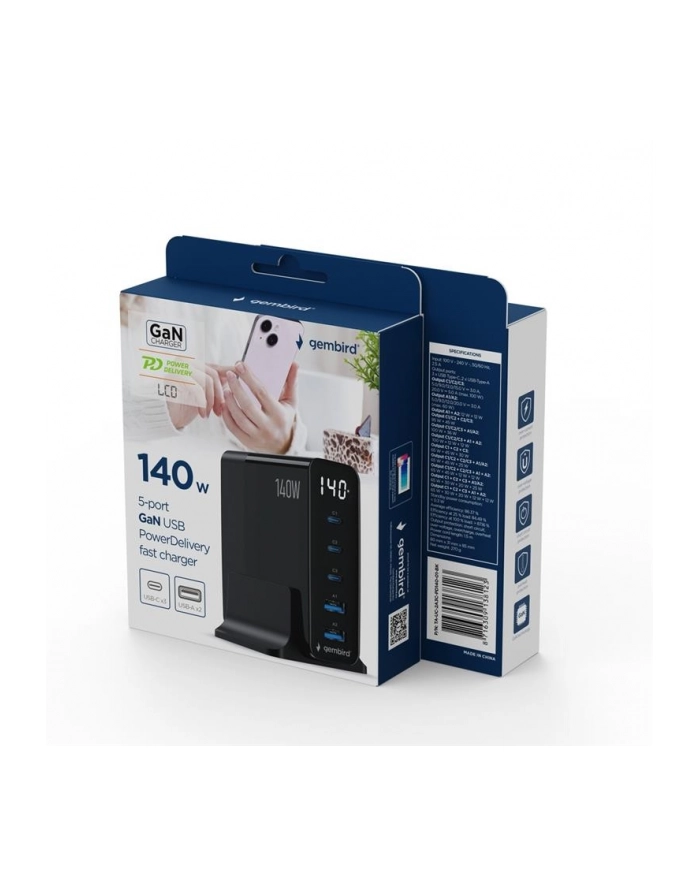 gembird Ładowarka uniwersalna GaN 140W LCD 3xUSB-C 2xUSB-A czarna główny