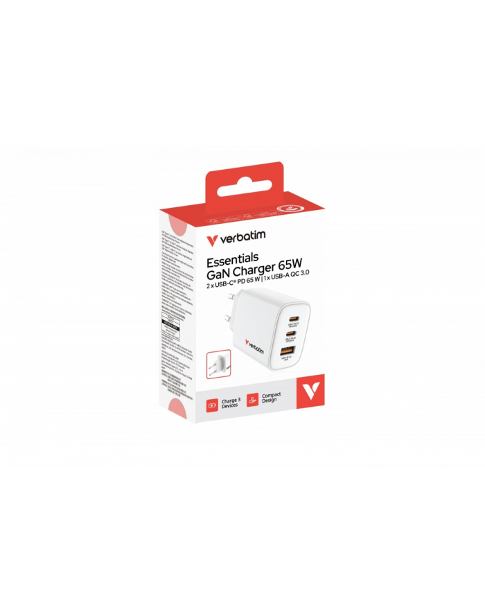 verbatim Ładowarka GaN 65W QC 3.0, 2xUSB-C, 1x USB-A PD 3.0 EU główny