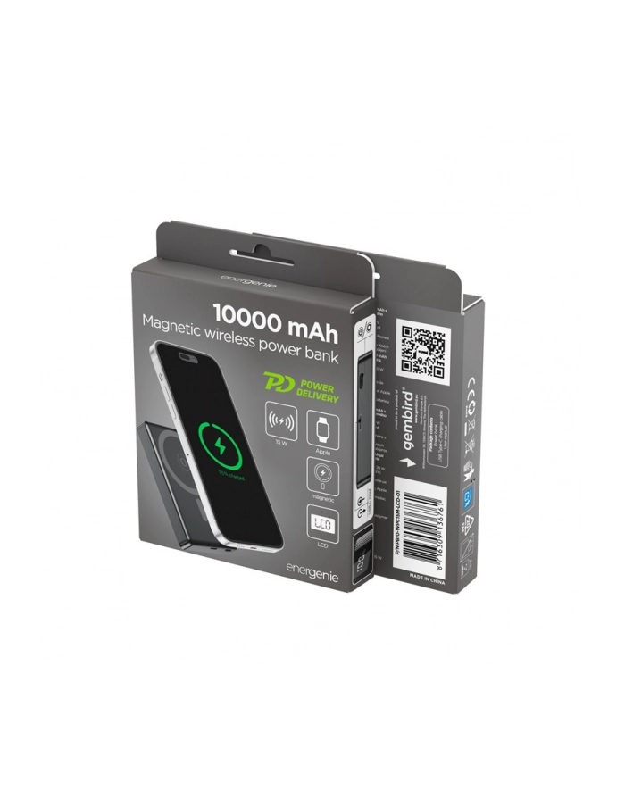 gembird PowerBank 10000mAh LCD 1xUSB-C 20W bezprzewodowy 15W czarny główny