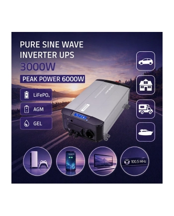 qoltec Przetwornica napięcia Pure Sine Wave | 12V na 230V | 3000/6000W |UPS BYPASS