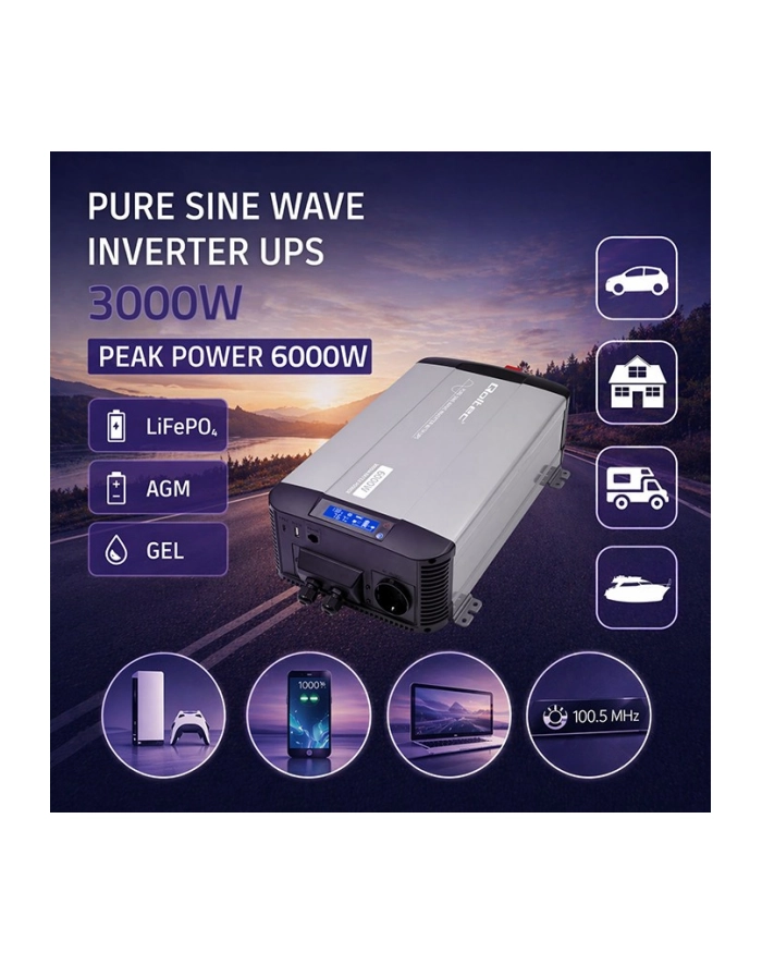qoltec Przetwornica napięcia Pure Sine Wave | 12V na 230V | 3000/6000W |UPS BYPASS główny