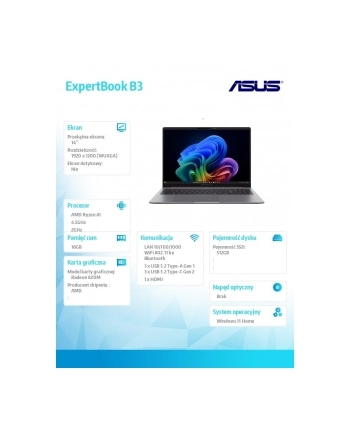 asus Laptop ExpertBook P3 PM3406CKA-LY0291W Ryzen 5 AI 330/16GB/512GB/14'WUXGA/Win 11 PRO/3YRS