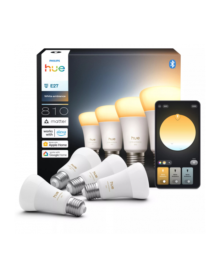 Philips Hue WA 810 A60 4P EU | E27 | 6 W | Warm to cool white light | Bluetooth and Zigbee główny