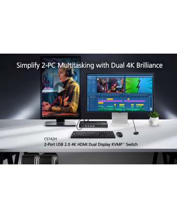 Aten CS742H-AT-G 2-Port USB 4K HDMI Dual-Display KVMP Switch (Cables included) | Aten