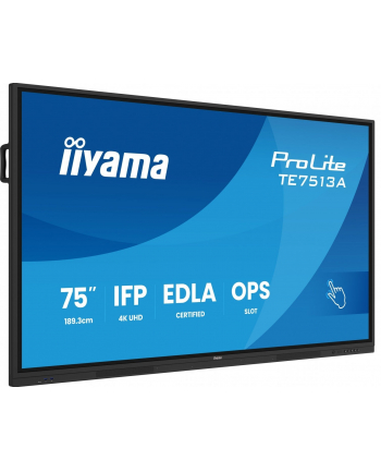 iiyama Monitor 75 '' TE7513A-B3AG INFRARED, 40pkt, IPS, 4K, 500cd, 1200:1, WiFi, USB, ANDROID 14, Google EDLA, 2x20W, uchwyt ścienny