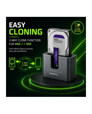 qoltec Stacja dokująca 2w1 HDD SSD | SATA | M.2 NVMe | Klonowanie |     USB-C | 10Gb/s | 28TB
