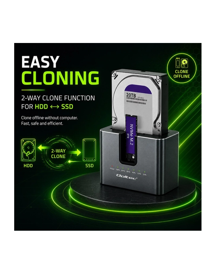 qoltec Stacja dokująca 2w1 HDD SSD | SATA | M.2 NVMe | Klonowanie |     USB-C | 10Gb/s | 28TB główny