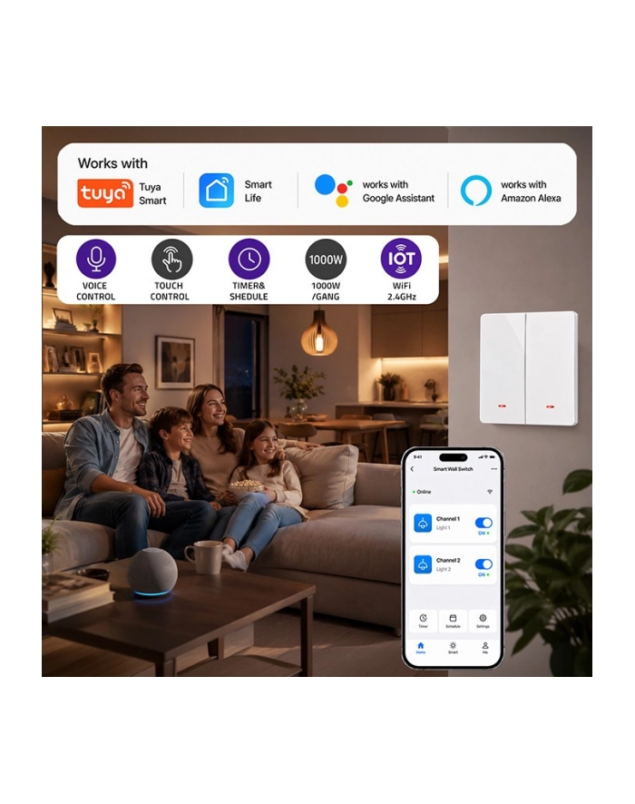 qoltec Inteligentny 2-kanałowy włącznik wyłącznik światła | Wi-Fi | Timer główny