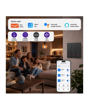 qoltec Inteligentny 3-kanałowy włącznik wyłącznik światła | Wi-Fi | Timer