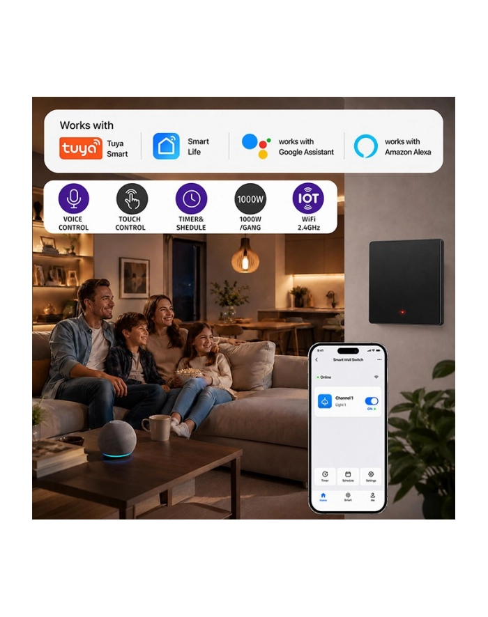 qoltec Inteligentny 1-kanałowy włącznik wyłącznik światła | Wi-Fi | Timer | Tuya główny