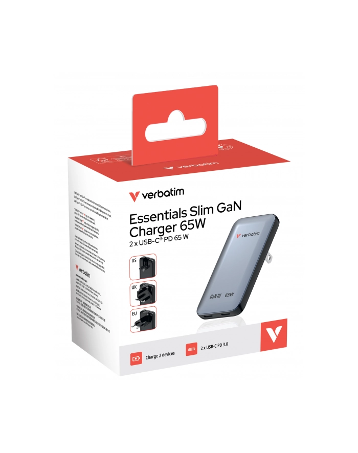 verbatim Ładowarka Essentials Slim GaN 65W 2x USB-C, US/UK/UE szara główny
