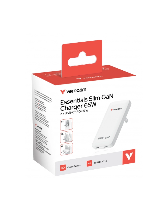 verbatim Ładowarka Slim Essentials GaN 65W 2x USB-C US/UK/UE biała główny