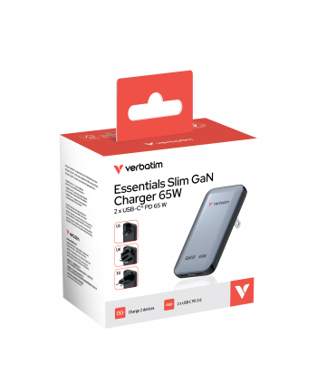 verbatim Ładowarka Essentials Slim GaN 65W 2x USB-C, US/UK/UE szara