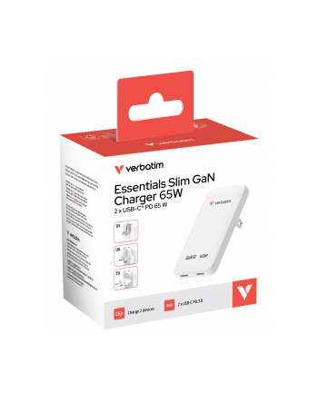verbatim Ładowarka Slim Essentials GaN 65W 2x USB-C US/UK/UE biała