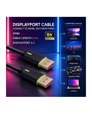 qoltec Kabel DisplayPort M/M v2.1 | 80G | 0.5m