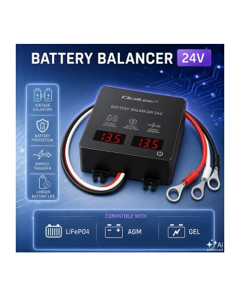 qoltec Balanser napięcia 24V do akumulatorów 2x12V | 5A | AGM GEL LiFePO4 | LED
