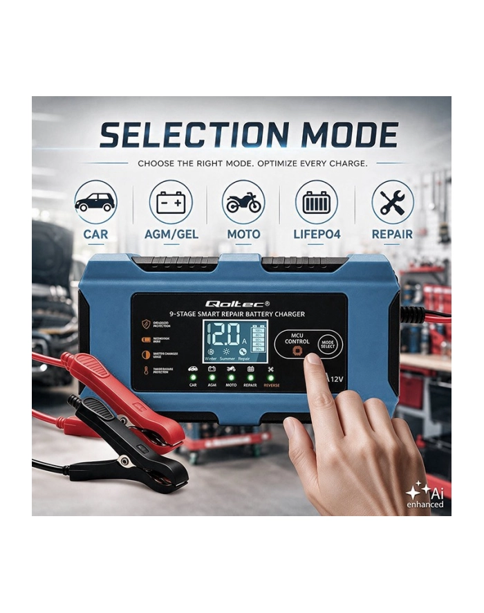 qoltec Ładowarka 12V 6A | Prostownik z funkcją naprawy | AGM GEL LiFePO4 główny
