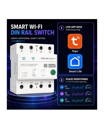 qoltec Trójfazowy przekaźnik 63A na szynę DIN | 3P+N | Timer | Wi-Fi