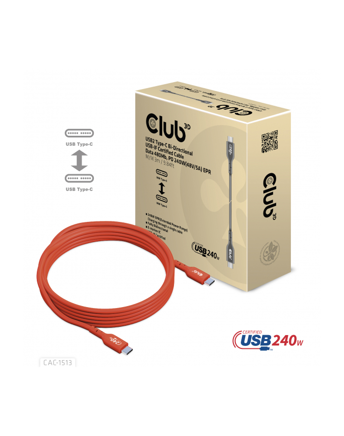 Club 3D Kabel Usb Club3D 2 Typ C Pd 240W / 480Mb 3M St/St Retail główny
