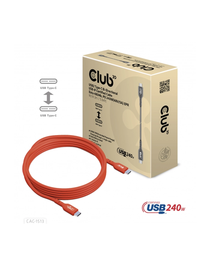 Club 3D Kabel Usb Club3D 2 Typ C Pd 240W / 480Mb 3M St/St Retail główny