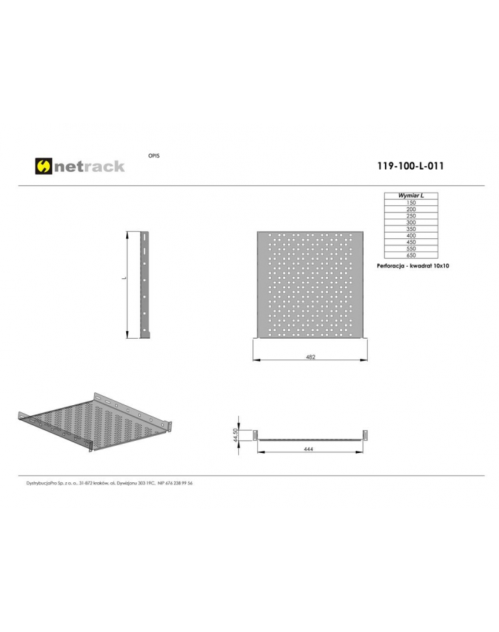 Netrack półka 19'' 1U/150mm, popiel główny