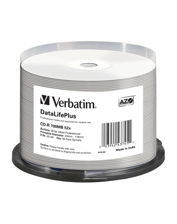 VERBATIM CD-R AZO 52X 700MB WIDE SILVER INKJET PRINTABLE NON ID główny