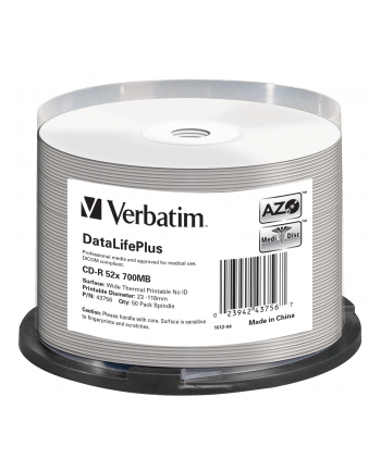 VERBATIM CD-R(50-pack) spindl, AZO 52X,700MB,WHITE WIDE THERMAL PRINTABLE SURFACE NON-ID