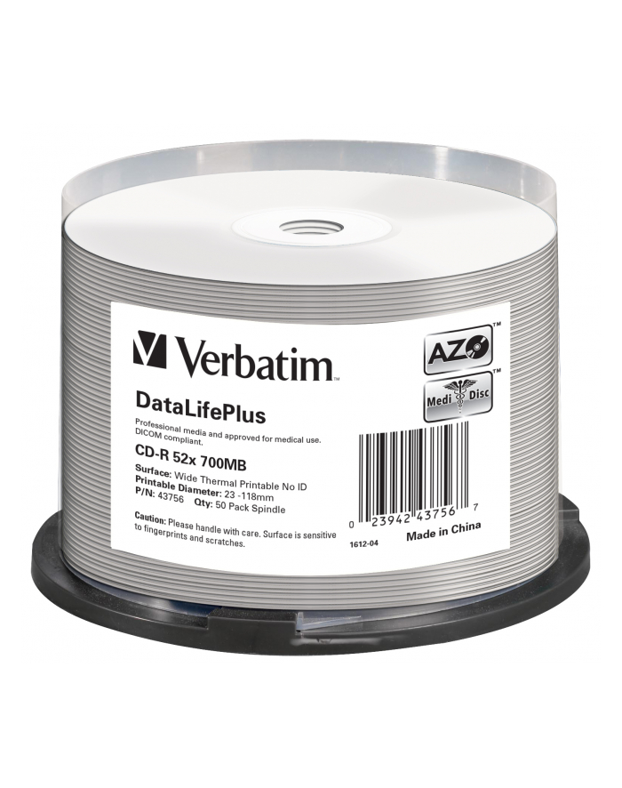 VERBATIM CD-R(50-pack) spindl, AZO 52X,700MB,WHITE WIDE THERMAL PRINTABLE SURFACE NON-ID główny