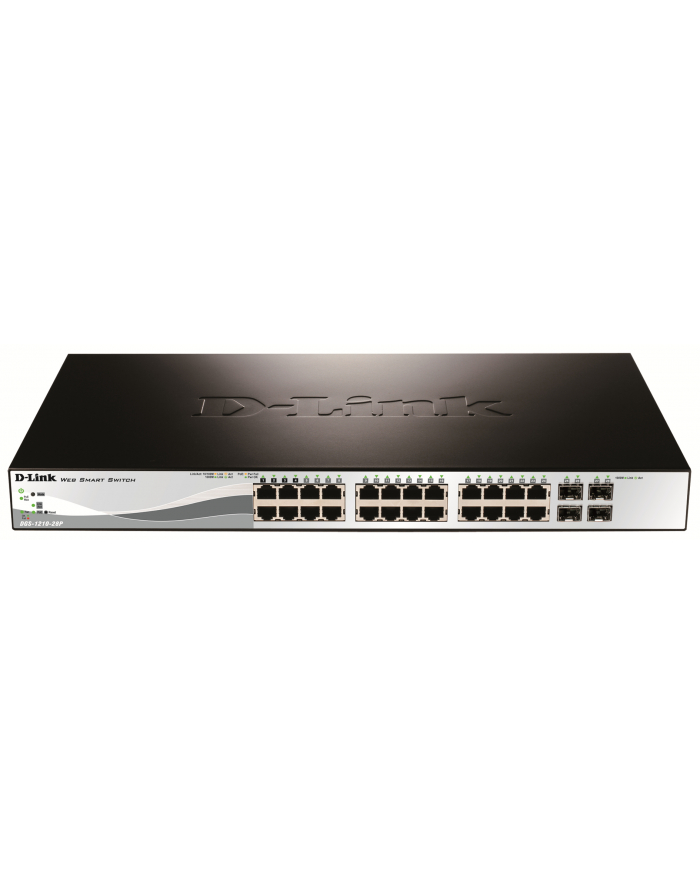 D-LINK DGS-1210-28P, Gigabit Smart Switch with 24 10/100/1000Base-T PoE ports and 4 Gigabit MiniGBIC (SFP) ports, 802.3af, 802.3at (port 1-4), power budget 185 watts, 802.3x Flow Control, 802.3ad Link Aggregation, 802.1Q VLAN, 802.1p Priority Queues, główny