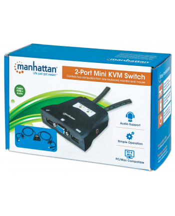 MANHATTAN Przełącznik KVM Mini, 2-portowy, USB, Audio, Czarny
