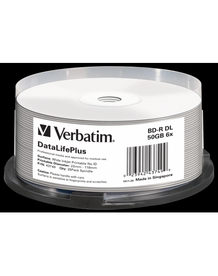 VERBATIM BD-R(25-pack)Blu-Ray/spindle/DL+/6x/50GB/ WIDE PRINTABLE NO ID SURFACE HARD COAT główny