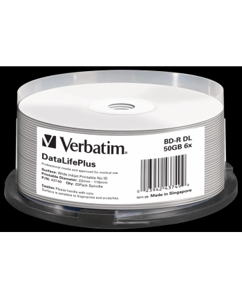 VERBATIM BD-R(25-pack)Blu-Ray/spindle/DL+/6x/50GB/ WIDE PRINTABLE NO ID SURFACE HARD COAT