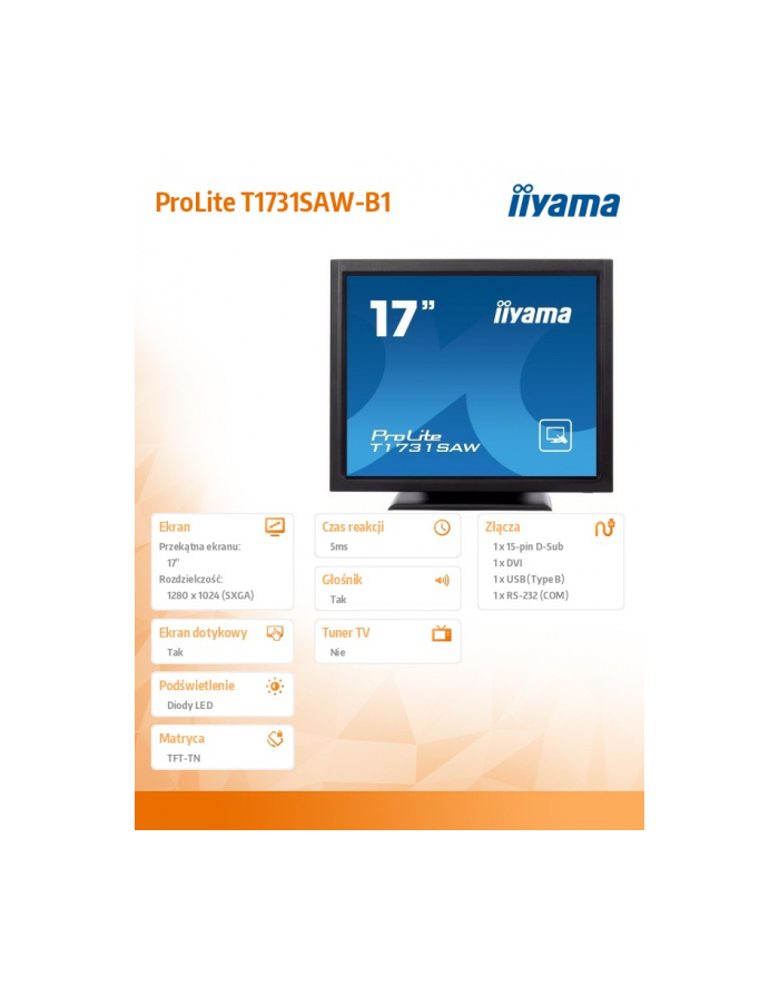 LCD 17'' Prolite T1731SAW-B1, 5ms, DVI, głośniki, touchscreen, czarny główny