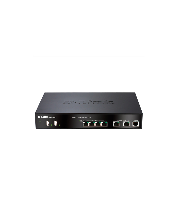 D-LINK DWC-1000, Wireless Controller, 2 10/100/1000 BASE-T Gigabit Ethernet Option Ports, 4 10/100/1000 BASE-T Gigabit Ethernet LAN Ports, 2 USB 2.0 Ports, 1 RJ-45 External Console port, Compatible Managed APs DWL-8600AP, DWL-6600AP, DWL-3600AP, Comp główny