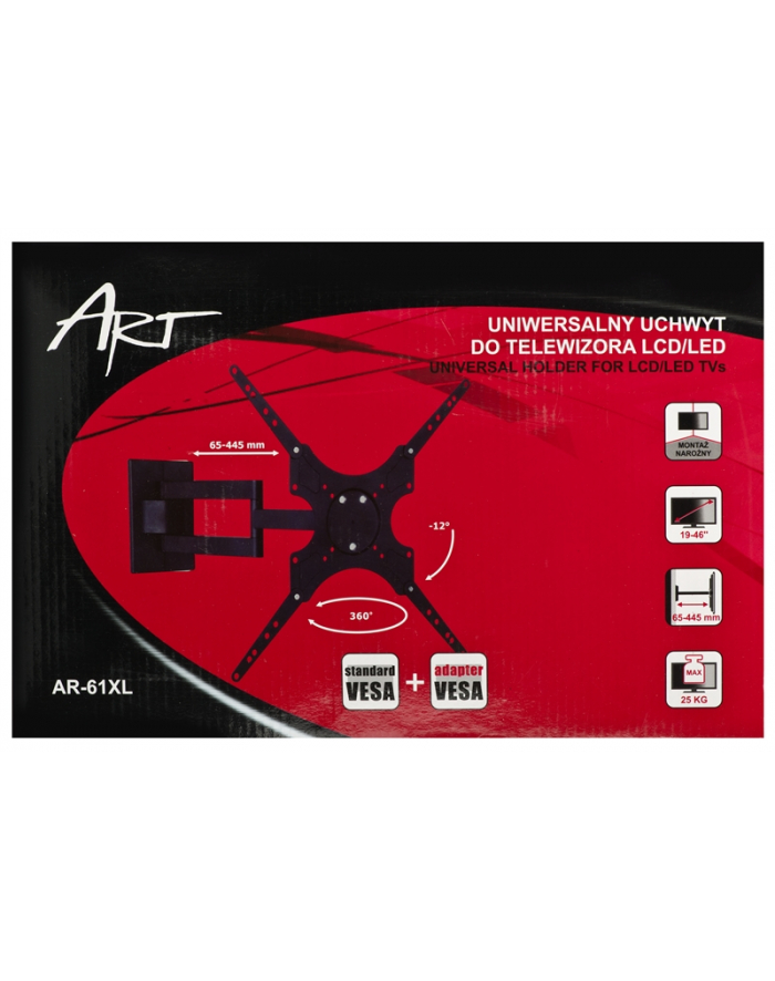ART Uchwyt AR-61 19-37'' DO TELEWIZORA LCD/LED czarny 25KG regulacja pion/poziom główny