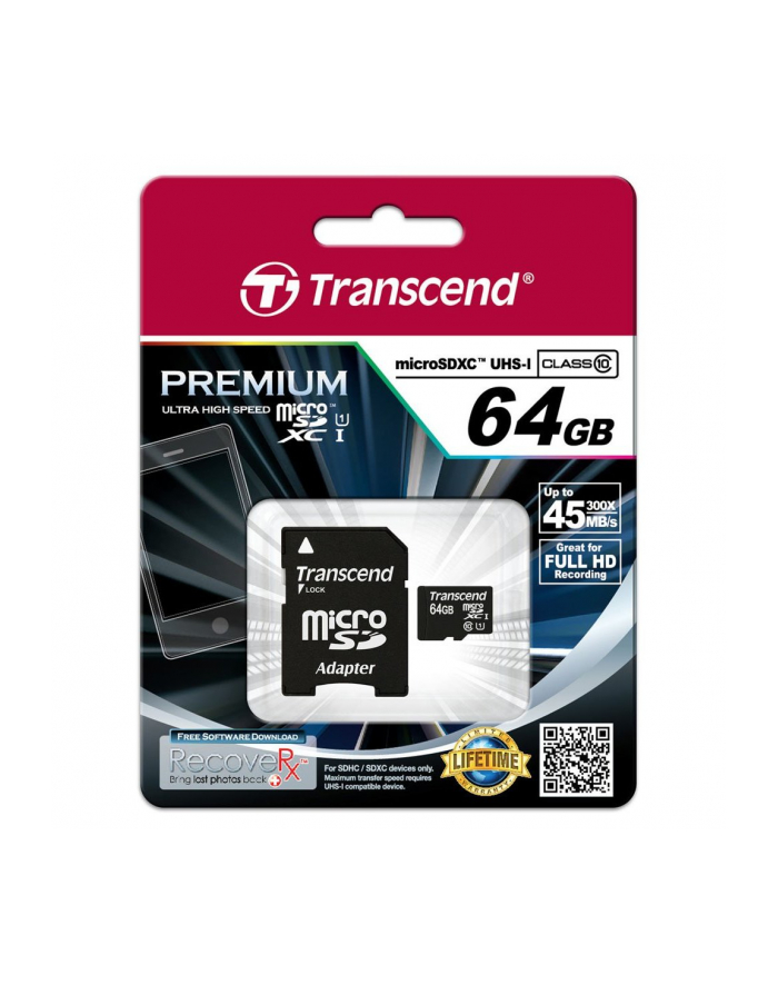 Transcend karta pamięci Micro SDXC 64GB Class 10 UHS-I +adapter SD główny
