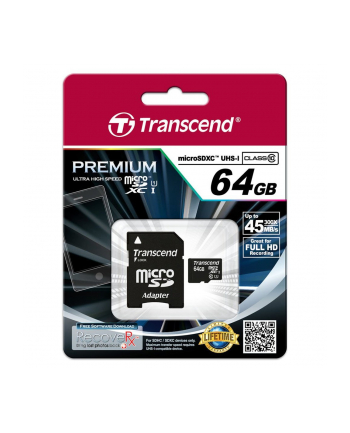 Transcend karta pamięci Micro SDXC 64GB Class 10 UHS-I +adapter SD