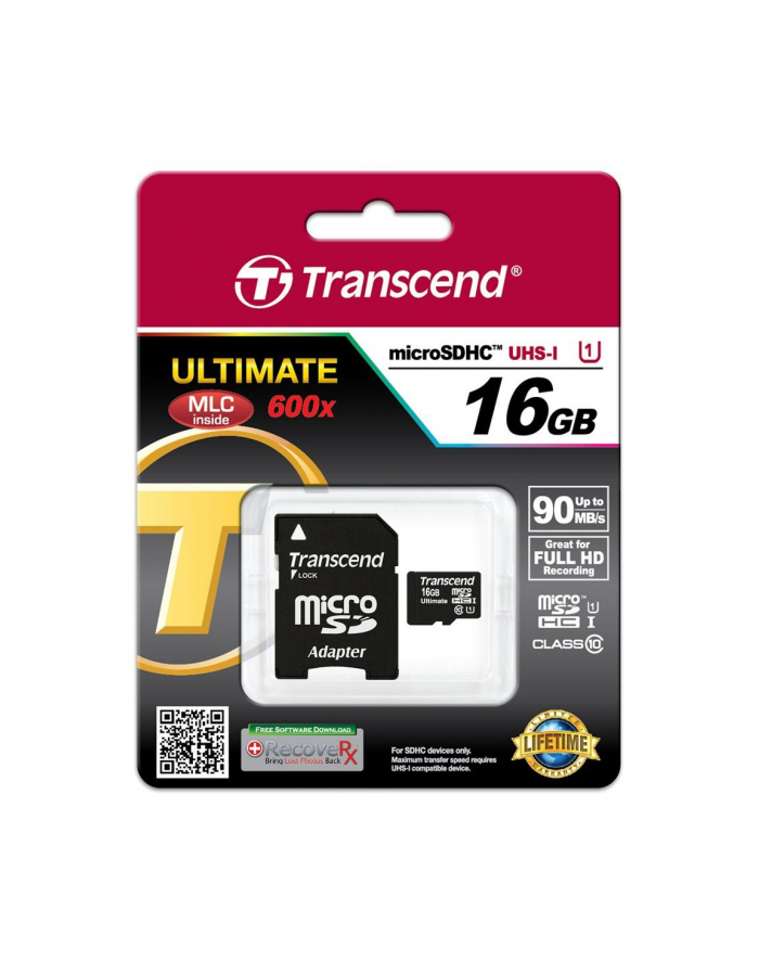 TRANSCEND Micro SDHC Class 10 UHS-I 600x, MLC, 16GB (Ultimate) + adapter główny