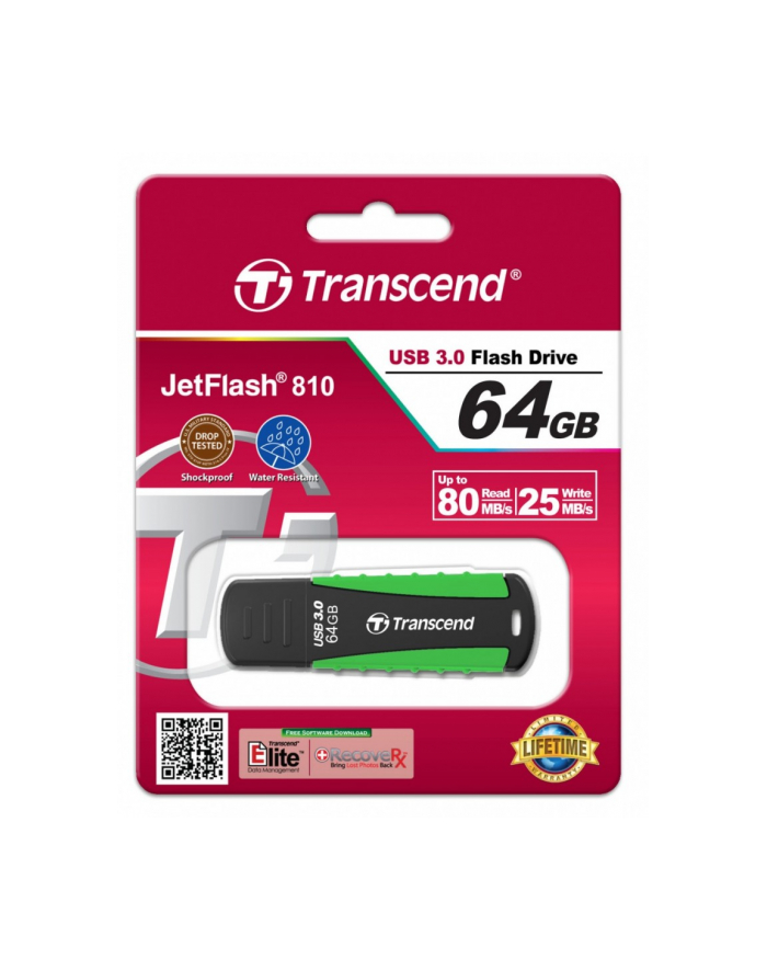 TRANSCEND USB Flash Disk JetFlash®810, 64GB, USB 3.0, Black/Green (wodoodporny, odporny na wstrząsy) główny