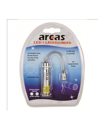 Camelion Arcas LED   Laserpointer, pocket clip, magnetic bottom, flexible neck for LED-light, 3 x LR44 batteries