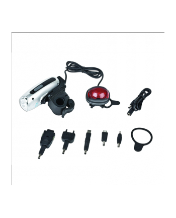 Energenie Bicycle hand charger / Rotate the handle to generate the clean energy / Charges most of mobile phones / Provides head and tail lights for the bike / Easy to install