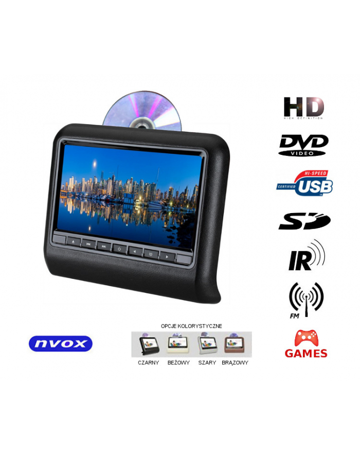 NVOX 9'' Monitor zagłówkowy LED HD z DVD USB SD IR FM GRY główny