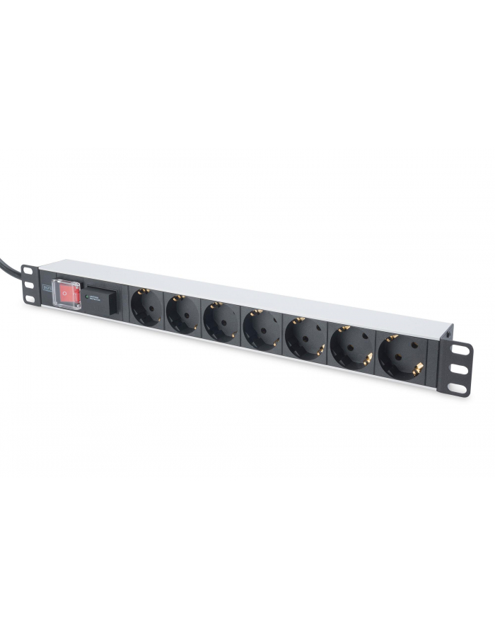 Listwa zasilająca PDU 19', 1U, 7 gniazd, moc: 16A, 4000W, aluminiowa, włącznik, zabezp. przeciwprzepięciowe, 2m główny