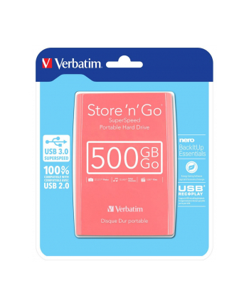 Verbatim Dysk Twardy Store 'n' Go USB 3.0 2,5'' 500 GB, Zewnętrzny, Różowy