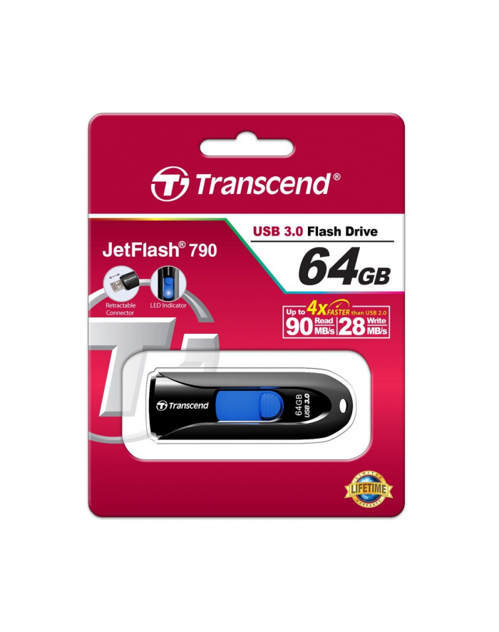 TRANSCEND USB Flash Disk JetFlash®790, 64GB, USB 3.0, Black/Blue (R/W 90/28 MB/s) główny