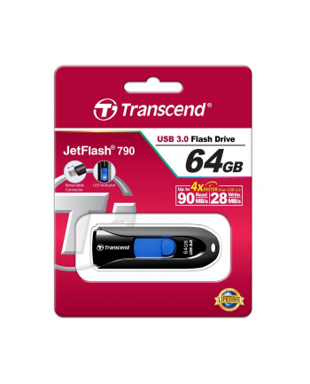 TRANSCEND USB Flash Disk JetFlash®790, 64GB, USB 3.0, Black/Blue (R/W 90/28 MB/s)
