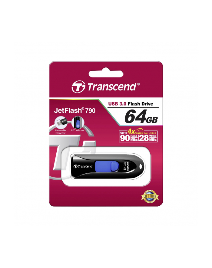 TRANSCEND USB Flash Disk JetFlash®790, 64GB, USB 3.0, Black/Blue (R/W 90/28 MB/s) główny