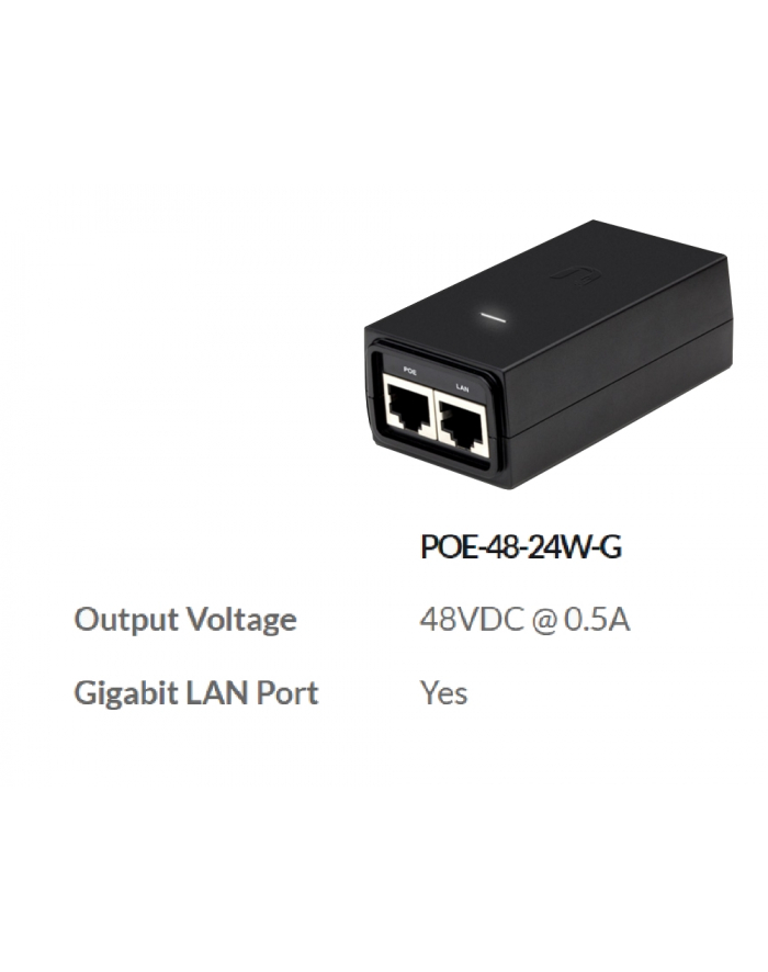 Ubiquiti Networks Ubiquiti PoE-48 Passive PoE Adapter EU, 48V 0.5A, 24W, Gigabit Ethernet version główny