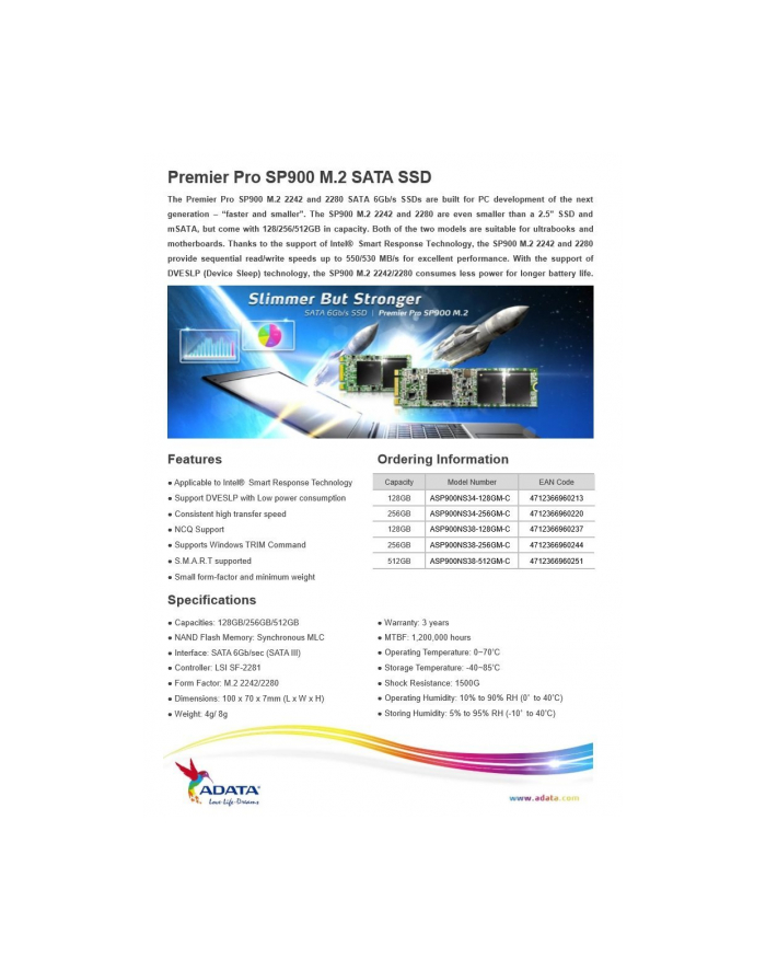 Adata SSD Premier Pro SP900 256GB M.2 2288 SATA 6Gb/s (read/write;550/530MB/s) główny