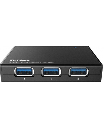 D-LINK DUB-1340, 4-Port SuperSpeed USB 3.0 Hub, 4 downstream USB Type A (female) ports, 1 upstream USB Type Micro-B (female) port, USB specification version 3.0, 2.0, 1.1, 1.0, OHCI, EHCI